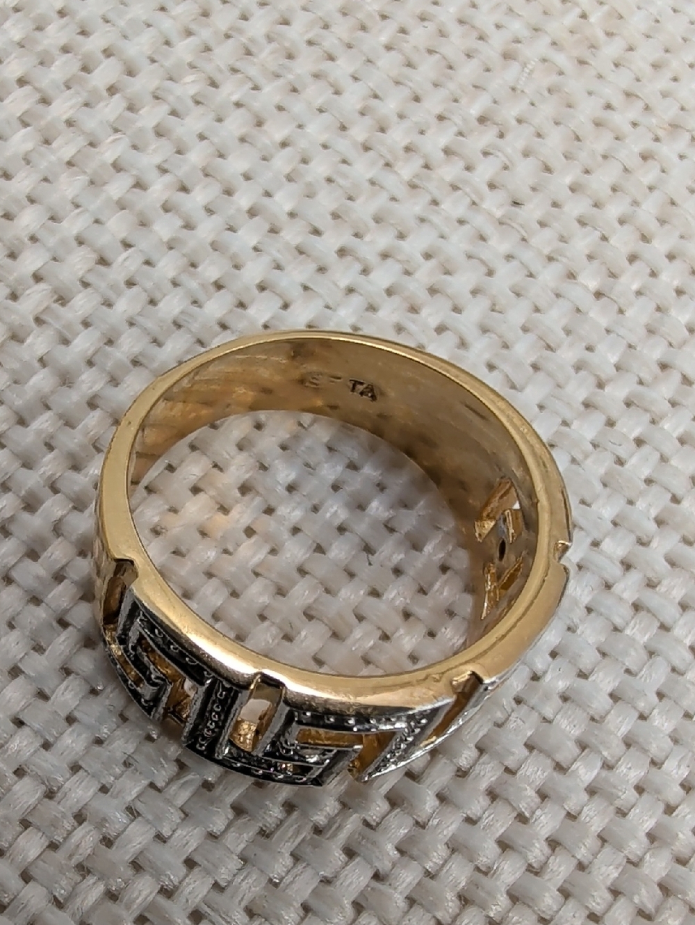 Signed SETA Vintage Greek Key Two-Tone Gold Silver CZ Band Ring Size 5 - Picture 4 of 16